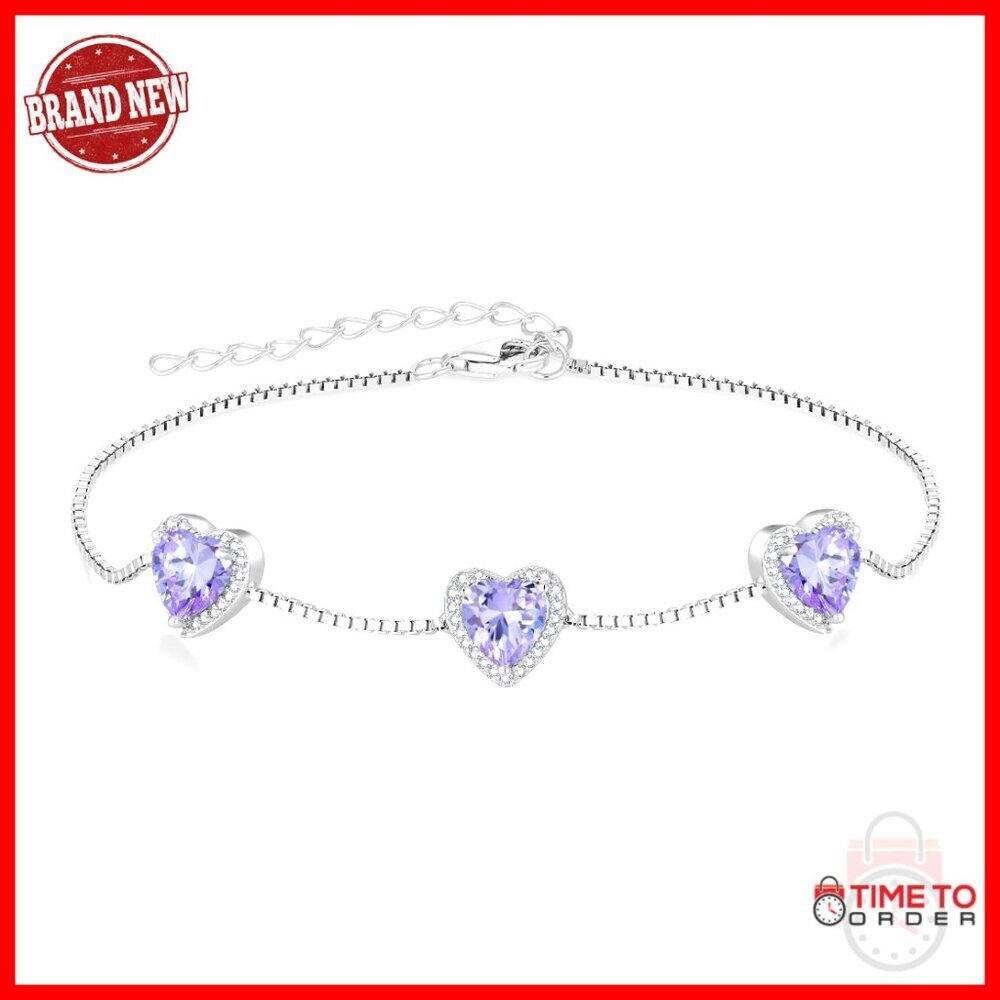 925 Sterling Silver Heart Birthstone Bracelet, 6.7+1.6 Inch, Gift for Women